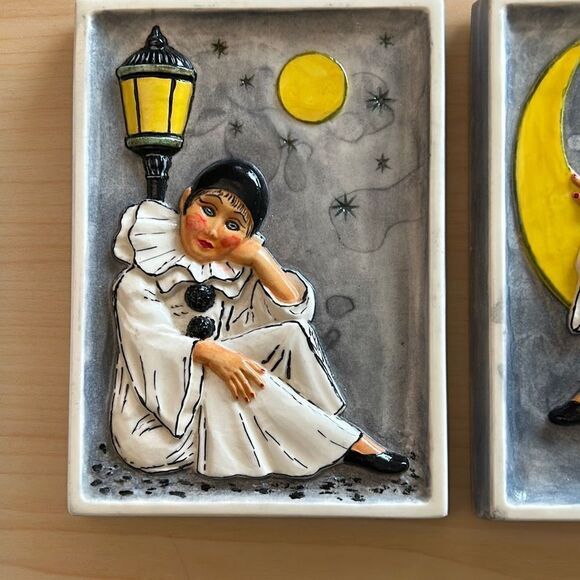 Sad Pierrot Plaster Relief Wall Decor Vintage Hand Painted - Picture 2 of 7
